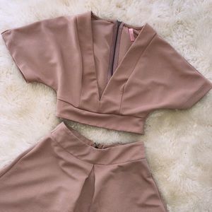 Deep V cut top and short A-line skirt